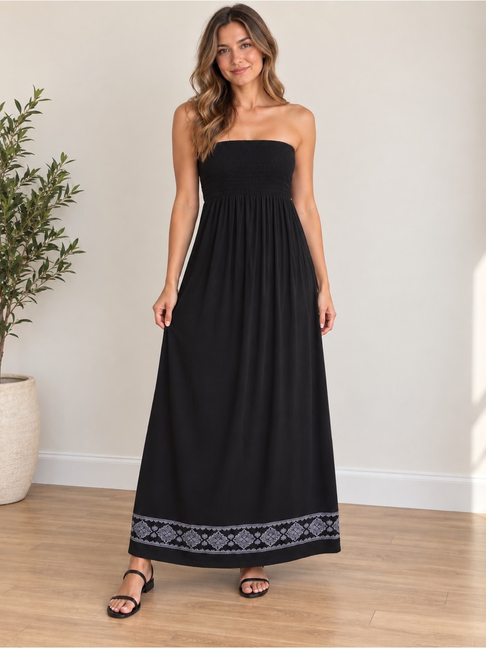 Black Strapless Smocked Maxi Dress Gray Boho Border Women’s Small